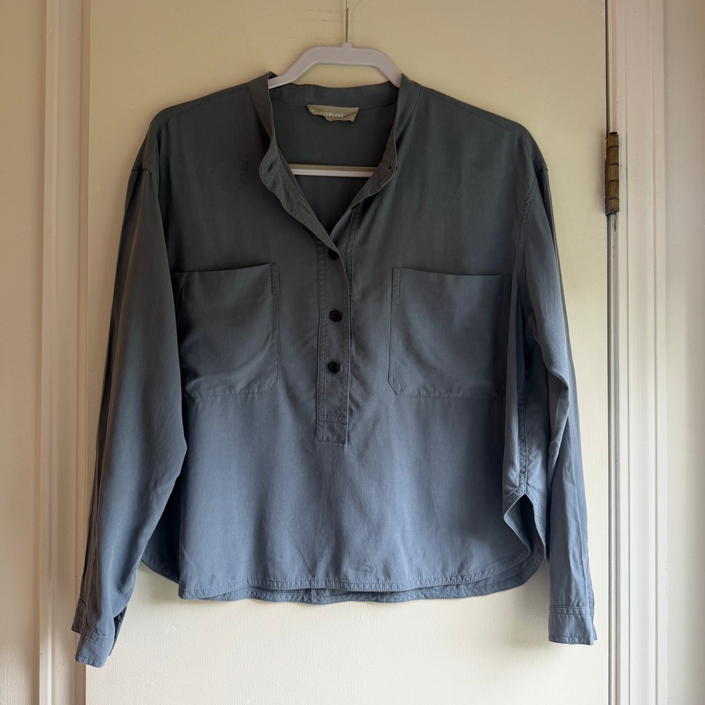 Everlane Clean Silk Henley Blouse Slate Blue Grey Long Sleeve Shirt Size 4